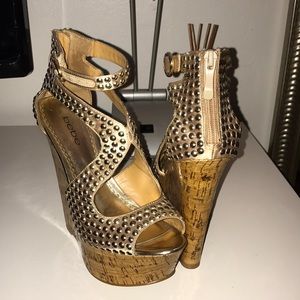 Bebe Gold Exotic Wedges US 7 Brand New